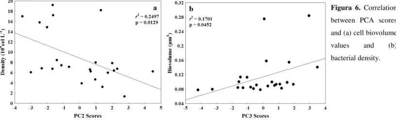 Figura  6.  Correlation  between  PCA  scores  and (a) cell biovolume  values  and  (b)  bacterial density