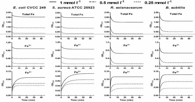 Figure  1.  Effects  of  Fe 3+   concentration  and  treatment  time  on  Fe 3+   absorption  and  reduction