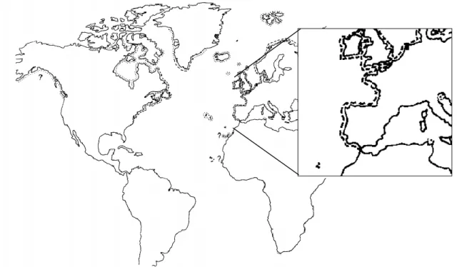 Figura 3 - Distribuição da Littorina littorea no mundo, com destaque para Portugal continental, segundo  Fretter &amp; Graham (1980) 
