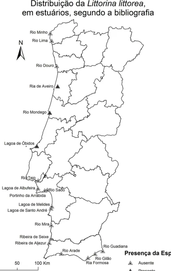 Figura 6 - Distribuição da Littorina littorea, em estuários, segundo a bibliografia 