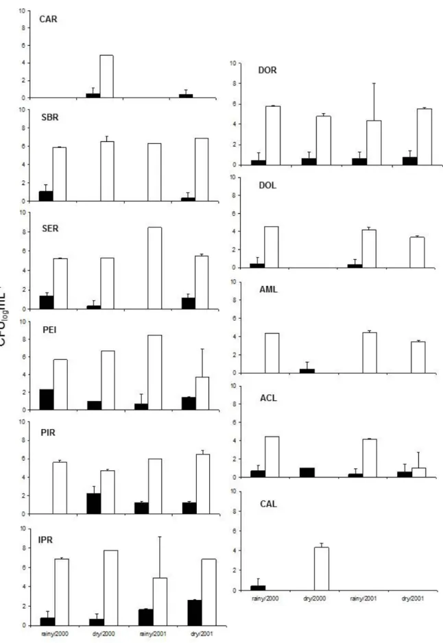 Figure 3. Counts of heterotrophic bacteria □ and yeasts ■, during the rainy and dry seasons of 2000 and 2001 (means ± SE, n=3)  in the sample sites in the middle of the Doce River basin