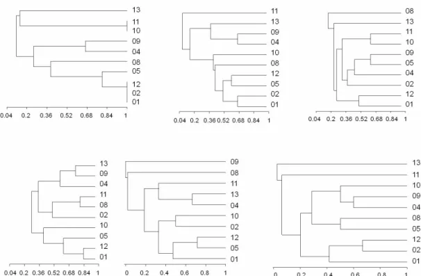 Figure 1. Dendrograms showing the relationships of C. laurentii isolates generated from the RAPD-PCR profiles obtained with  primers (from left to right) CAV1, CAV2 and ZAP19 (above); ZAP20, OPB11 and SEQ6 (below)