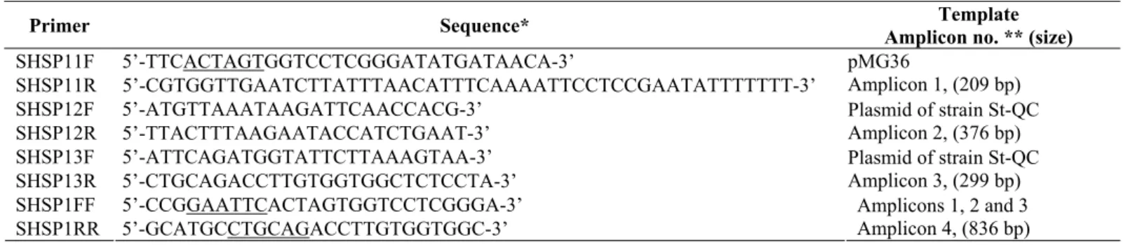 Table 1. Templates, sequence of primer pairs, and amplicon size of different PCR products  