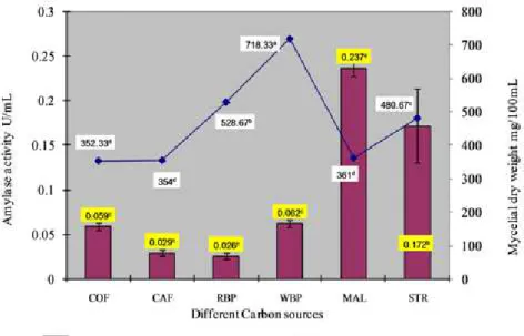 Figure 4. Effect of different carbon sources on amylase production. The mean values followed by the same letter are not  significantly different according to DMRT at p=0.05
