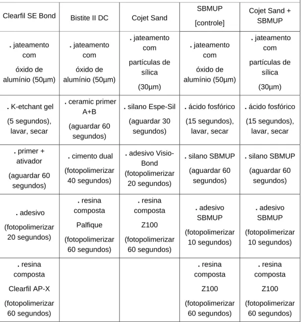 Tabela 2 – Procedimentos empregados nos corpos de porcelana referentes a cada sistema 