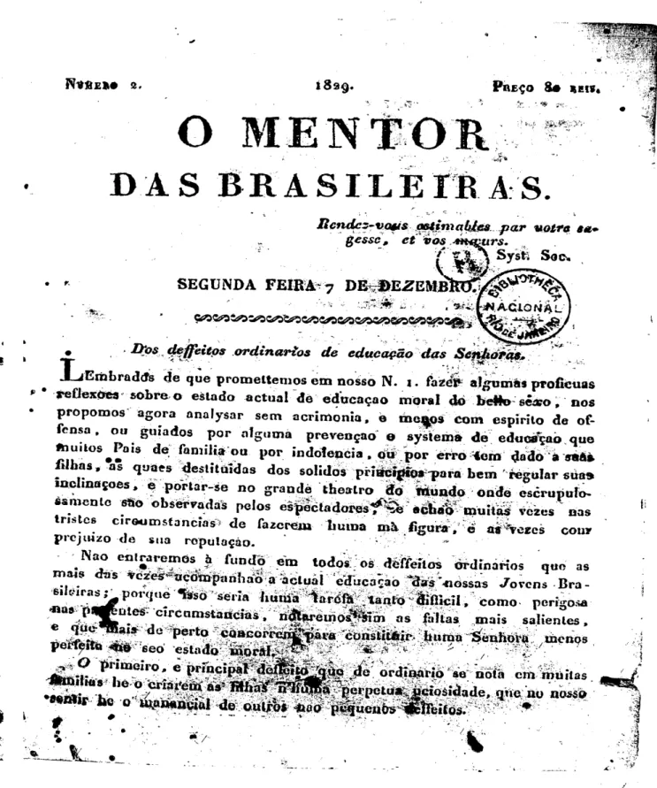 Figura 1: O Mentor das Brasileiras, primeira página do n.C2 de 7/12/1829