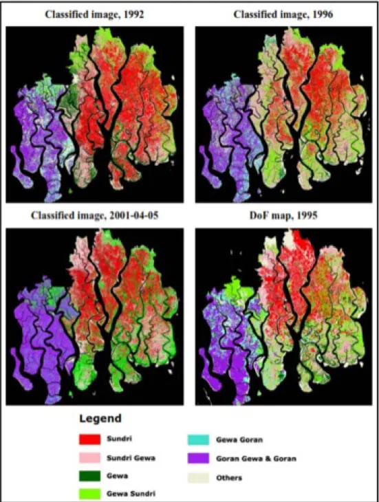 Fig. 2 — The classified Landsat TM image of the year 1992 and 1996 and ASTER image of years2001-04-05 for major mangrove  species