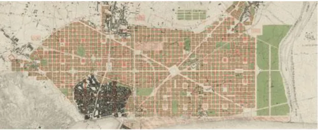 Fig 2.4: Cerdà master plan for Barcelona (Plano de los alrededores de la ciudad de Barcelona  y Proyecto de su  Reforma y Ensanche, 1859 