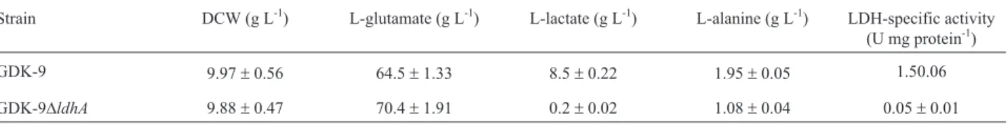 Table 2 - Concentration of L-glutamate, byproducts, and LDH specific activity, in shake flask studies of GDK-9 and GDK-9DldhA.