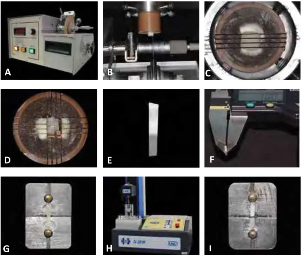 Figura 7- A) Labcut 1010; B) Espécime posicionado para o corte na Labcut; C) 1º corte  na Labcut; D) Espécime cortado; E) Palito de dentina e resina composta; F) Paquímetro  digital; G) Palito colado ao dispositivo metálico; H) Máquina de ensaio universal 
