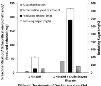 Figure 5 - Saccharification % and ethanol yield from ‘alkali’ and `alkali + enzyme’ treated banana pseudostem.