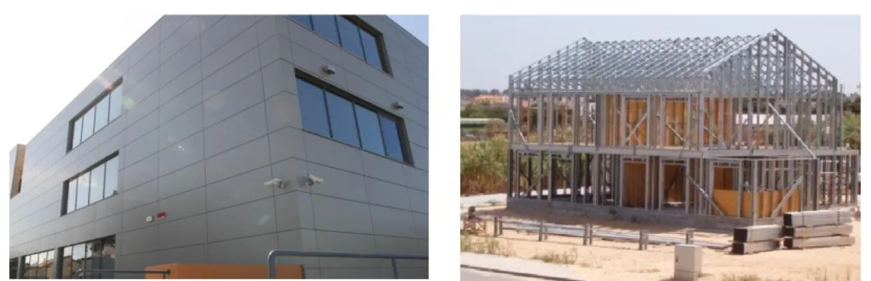 Figura 2.10 - Exemplos de aplicação de fachada em alumínio e estrutura em aço leve na construção 