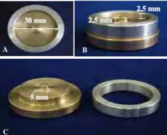 FIGURA 5 - Matriz metálica. A) Diâmetro do futuro molde de silicone; B) Altura do cilindro em metal, compatível com a altura do anel da matriz e C) Diâmetro do cilindro em metal que é a réplica da resina acrílica que será processada sobre o dente artificia