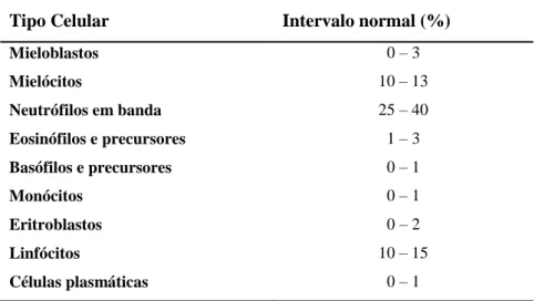 Tabela  2:  Valores  normais  (%)  da  contagem  diferencial  de  células  presentes  na  medula  óssea no homem adulto [adaptado de Orazi et al