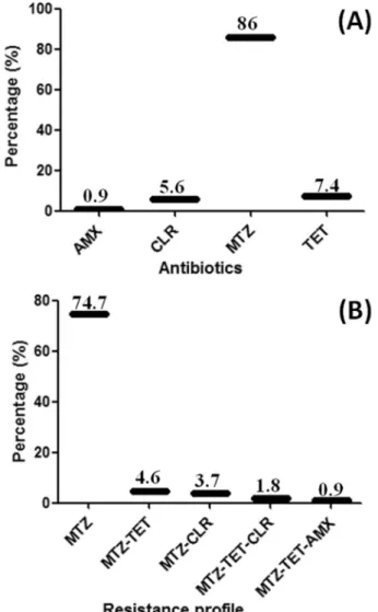 Figure 1 - Prevalence of antibiotic resistance among tested H. pylori iso- iso-lates against AMX, amoxicillin; CLR, clarithromycin; MTZ,  metroni-dazole; and TET, tetracycline (A) and their antibiotic resistance pattern (B).