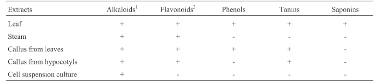 Table 3 - Phytochemical analysis of methanolic extracts of Annona mucosa cultivated in vivo and obtained by plant tissue culture techniques.