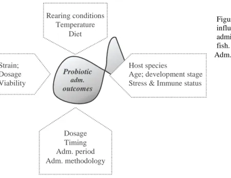 Figure  1-6    Factors  that  may  influence  the  outcome  of  probiotic  administration to aquaculture reared  fish.