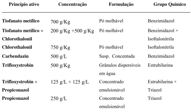 Tabela 1: Princípio ativo, concentração, formulação e grupo químico dos fungicidas utilizados  nos testes de sensibilidade in vitro dos isolados de Colletotrichum lindemuthianum.