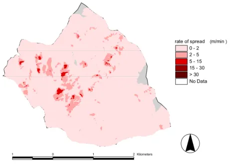 Figure 3-16. Rate of spread map, resulting from FARSITE simulation. 