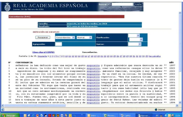 FIGURA  1:  Apresentação  das  linhas  de  concordância  no  Corpus  de  Referência da Real Academia Espanhola