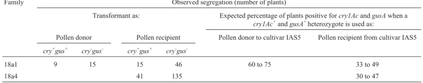 Table 4 - Segregation in the F 1 backcross (BCF 1 ) between transgenic soybean plants positive for the Bacillus thuringiensis endotoxin gene cry1Ac plus the β-glucuronidase reporter gene gusA and non-transgenic soybean cultivar IAS5