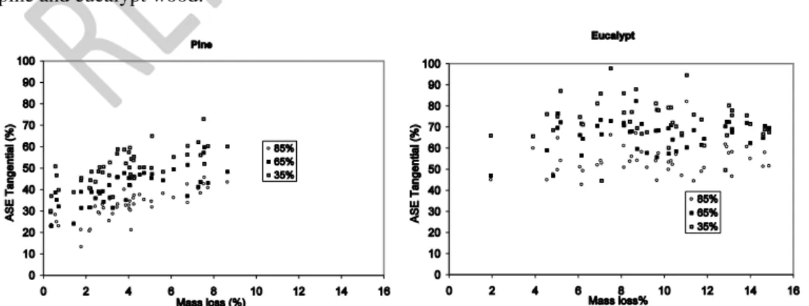 Fig.  3.  Variation  of  tangential  ASE  with  mass  loss  for  heat  treated  pine  and  eucalypt  wood  for  different air relative humidities