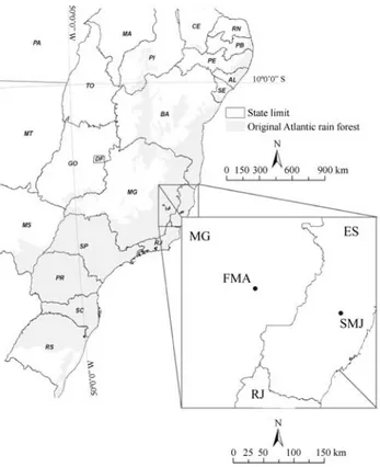 Figure 1 - Map depicting the easternmost portion of Brazil. Sampling sites of the Brachyteles hypoxanthus populations are highlighted