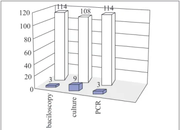 Figure 2. Positivity for Mycobacterium spp. in sputum samples by baciloscopy, culture and PCR (IS6110 fragment amplification).