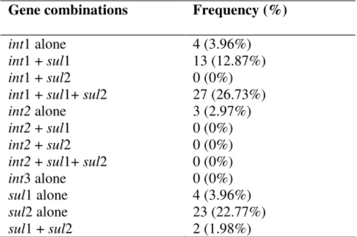 Table 1. Resistance gene combinations (of sul1, sul2, int1,  int2, int3) found in 101 E