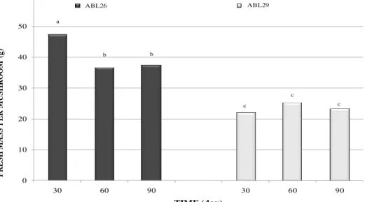 Figure  3.   Average  fresh  mass  per  mushroom  of  Agaricus  blazei  ABL26  and  ABL29  strains at 30, 60 and 90 days of  cultivation