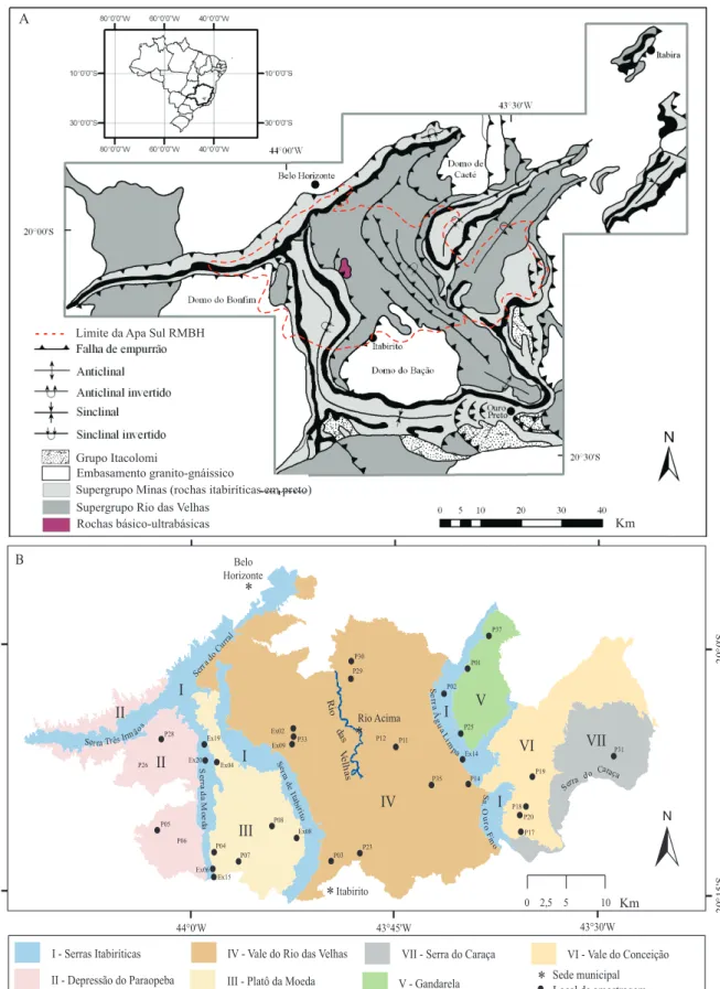 Figura 1. A,  mapa  de  localização  do  Quadrilátero  Ferrífero,  com  os  principais  conjuntos  litológicos  e  feições  estruturais, adaptado de Dorr II (1969) e Chemale Junior et al