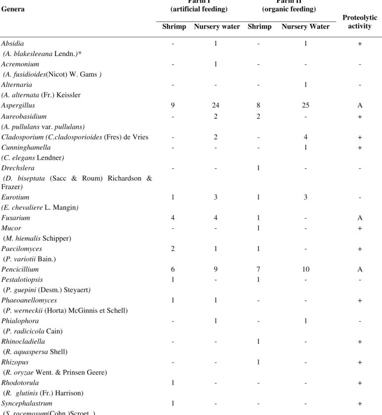 Table  1.  Occurrence  of  different  fungi  genera  isolated  from  shrimp  and  nursery  waters  from  two  farms,  one  with  an  artificial  feeding  system (I) and the other with an organic feeding system (II) and their proteolytic activity