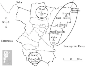 Figure 1 - Geographical locations of Fusarium graminearum isolated from maize ears in Northwest Argentina during 2010.