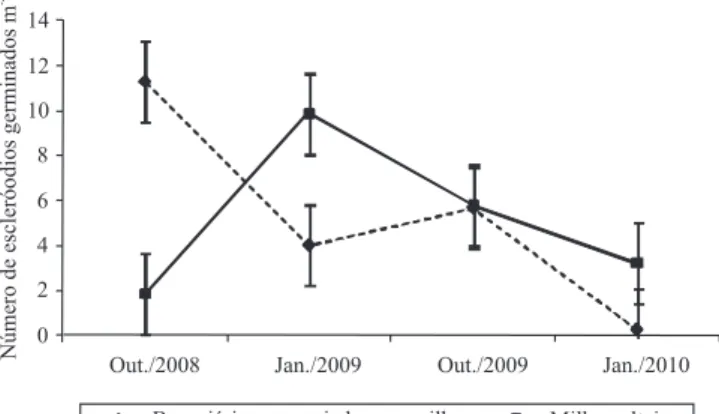 Tabela 2. Distribuição em função do tamanho e do número  de  escleródios  de  Sclerotinia  sclerotiorum  por  metro  quadrado,  coletados  antes  da  implantação  do  experimento  (2007) e em 2010, após três anos de cultivo de soja sobre  palhada de milho 