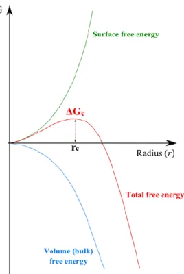 Figure 1.6. Variation of the Gibbs free energy in function of the radius of the spherical nuclei