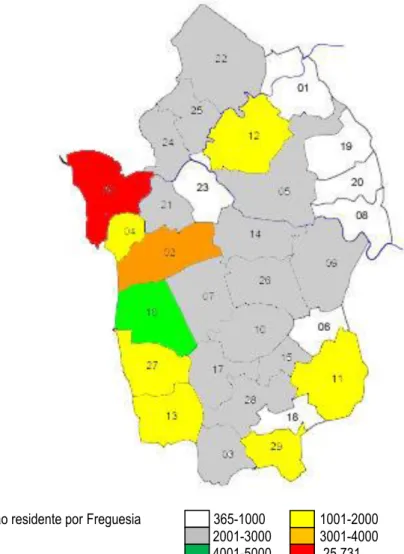 Fig. 3 – População residente por Freguesia  365-1000   1001-2000  2001-3000  3001-4000  4001-5000   25.731  Município de Vila do Conde  