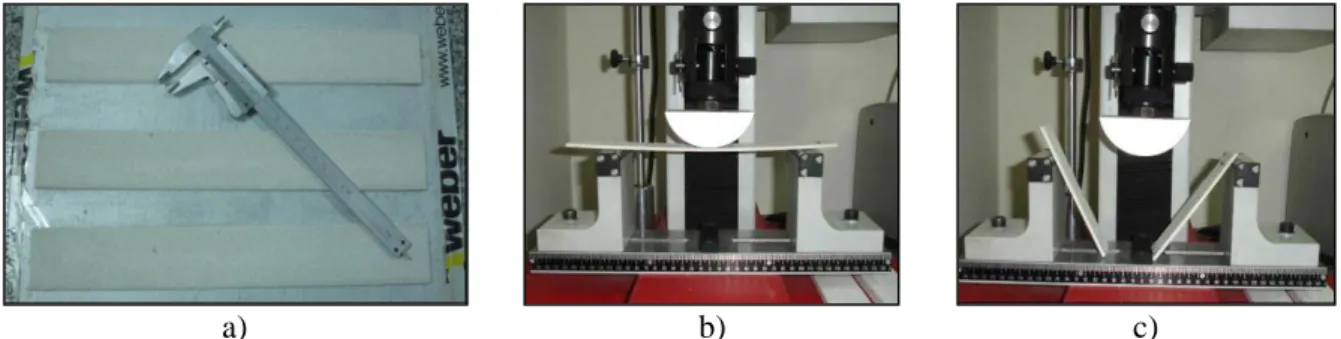 Figura 18: Deformação transversal: a) Medição dos provetes usando o paquímetro; b) Colocação e  ajuste da amostra na máquina; c) Amostra após rotura