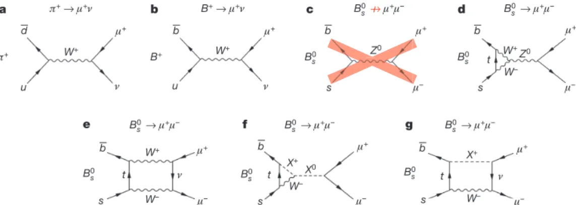Figure 1 | Feynman diagrams related to the B 0 s Rm 1 m 2 decay. a, p 1 meson decay through the charged-current process; b, B 1 meson decay through the charged-current process; c, a B 0 s decay through the direct flavour changing neutral current process, w