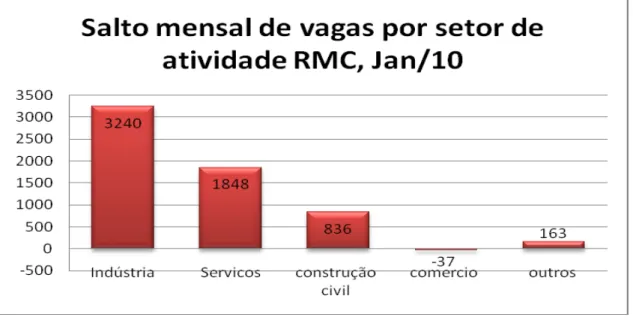 Gráfico 2: Salto Mensal de vagas por setor de atividade RMC, Jan/10.
