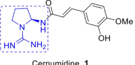Figure  1.  Structure  of  cernumidine  (1);  in  marked  blue  is  the  2-aminopyrrolidine-1-carboxamidine  unit presenting the cyclic-guanidine core