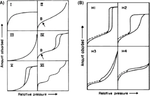 Figure 1.10 | Representation of (A) all six types of isotherms and (B) types of hysteresis