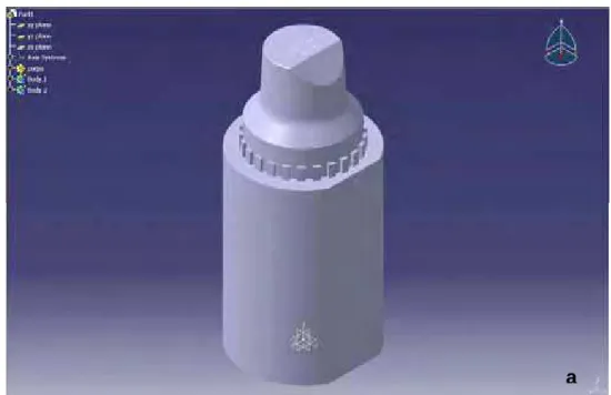 FIGURA 2 - Imagem 3D do modelo-padrão com término cervical em chanfro  inclinado: a) vista lateral de todo o troquel; b) vista lateral  aproximada do troquel na região do término cervical