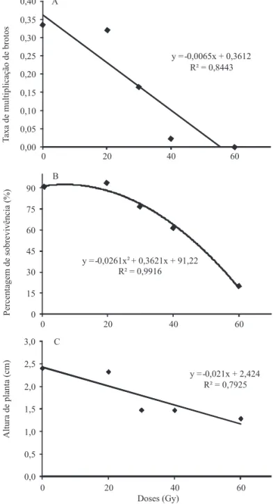 Figura  1.  Efeito  de  diferentes  doses  de  irradiação  gama  sobre  a  taxa  de  multiplicação  de  brotos  (A),  índice  de  sobrevivência de gemas axilares (B) e altura de planta (C)  de bananeira cultivar Terra Maranhão obtidas da irradiação  de pla