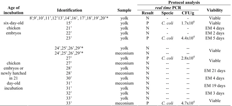 Table 1. Viability and presence of Campylobacter in six-day-old chicken embryos and chicken embryos or newly hatched in 21  day-old incubation from hens inoculated by intra-esophageal with C