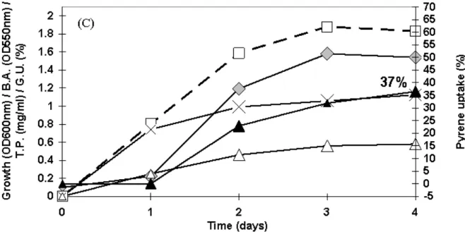 Figure 3. Pyrene (50 µg ml -1 ) uptake, (  ▲  ), Biosurfactant activity (B.A;      ), Total protein (T.P.;   x  ), Glucose utilization  (G.U.;     ) and growth (- - □ - -) profile of bacteria Bacillus spp