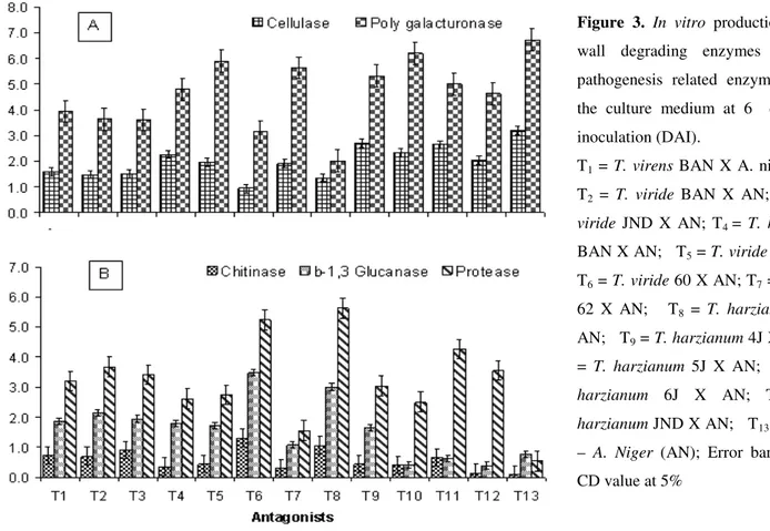 Figure  3.  In  vitro  production  of  cell  wall  degrading  enzymes  (A)  and  pathogenesis  related  enzymes  (B)  in  the  culture  medium  at  6    days  after  inoculation (DAI)