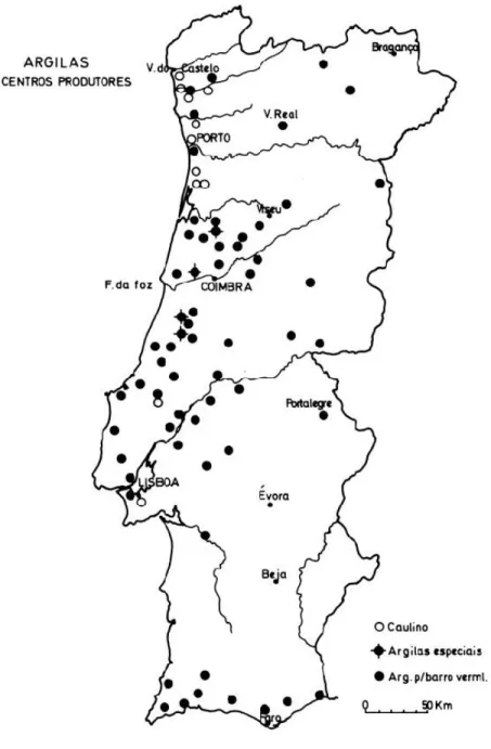 Figura 3.3 – Principais locais de extracção de argila em Portugal, onde começa todo o processo de  transformação desta matéria - prima (Velho, Gomes &amp; Romariz, 1998)