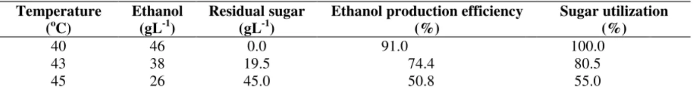 Table 2. Ethanol production by S. cerevisiae S 1  at different temperatures in glucose (100gL -1 ) - PYN medium at 24h