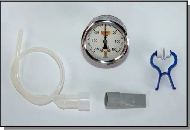 Figura 2 – Manovacuômetro, conector, bucal e clipe nasal 