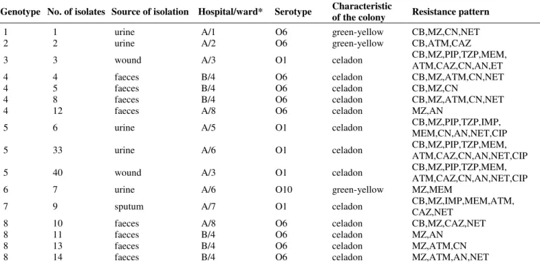 Table 1.  Source of the isolation, hospital/ward, genotypes of clinical P. aeruginosa isolates and their phenotypic differentiation